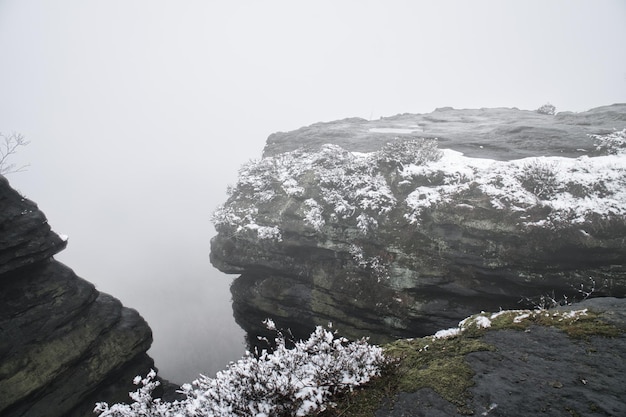 Op de grote Zschirnstein in mist Rock bedekt met sneeuw Viewpoint Elbe Sandstone Mountains