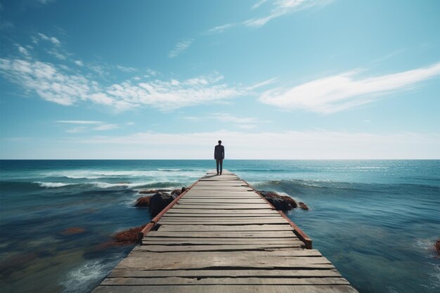 Op de pier overziet hij de uitgestrektheid van de oceaan voor hem