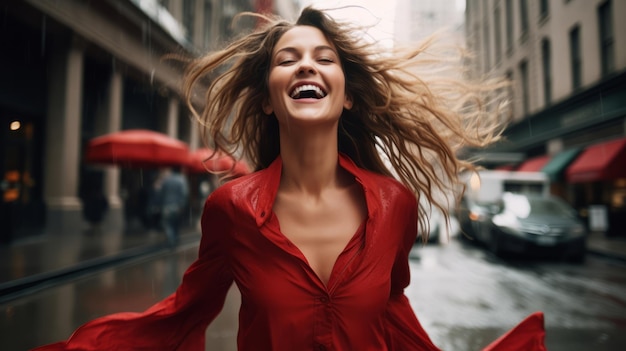 Op de regenachtige straat in de stad dansen gelukkige vrouwen in rode jurken.
