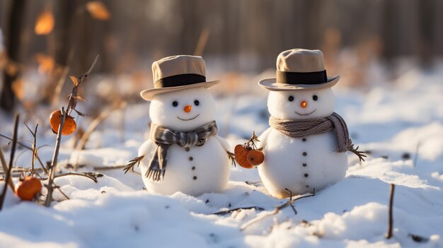 Op de sneeuw is een gelukkige grappige speelgoed sneeuwman de sneeuwenman draagt een bonthoed en sjaal het concept van