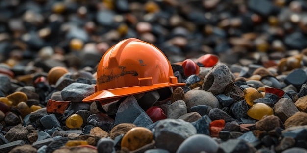 Op de stenen vloer van de bouwplaats wordt een helm geplaatst