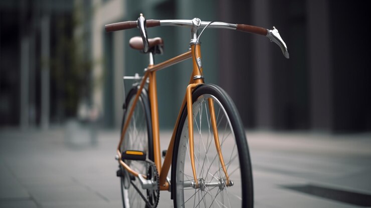 Foto op de stoep staat een fiets met een zwart stuur geparkeerd.