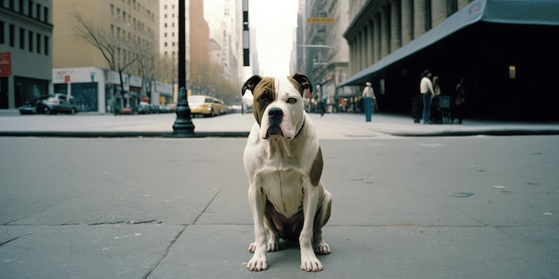 Op de stoep zit een hond