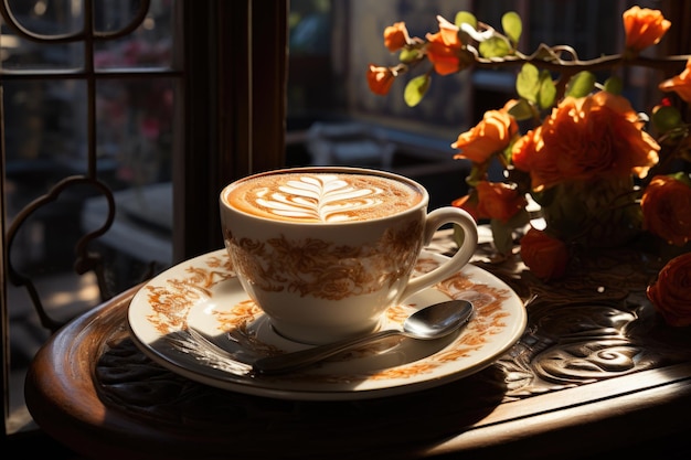 Op de tafel bij het raam staat een ochtendkopje latte-koffie