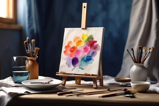 Op de tafel borstels op een servet een plaat in de vorm van een palet en easel hoge kwaliteit foto