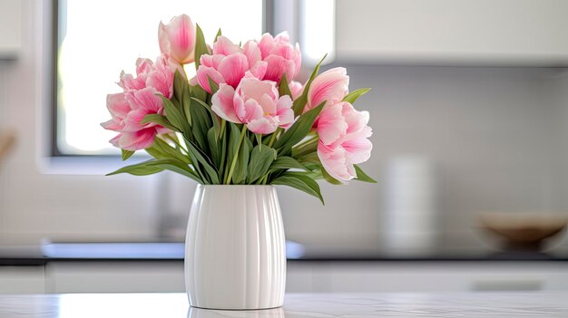 Op de toonbank staat een witte vaas vol roze bloemen