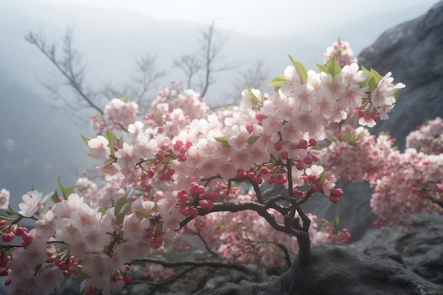 Op de voorgrond een boom met roze bloemen