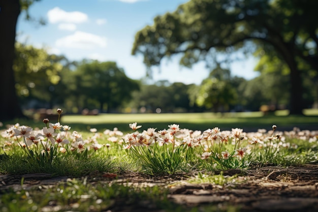 Op de voorgrond een prachtig gazon op de achtergrond een vaag beeld van tuinbomen