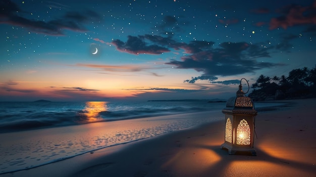 Op deze afbeelding is er een prachtige lantaarn lamp geplaatst op een strand met een halve maan in de nacht