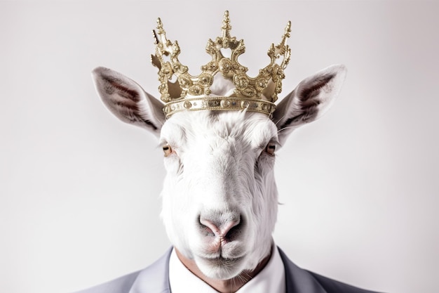 Op deze afbeelding wordt een geit met een kroon getoond.