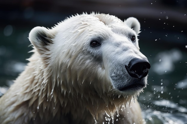 Op deze foto is een ijsbeer afgebeeld die in de dierentuin van Moskou zwemt