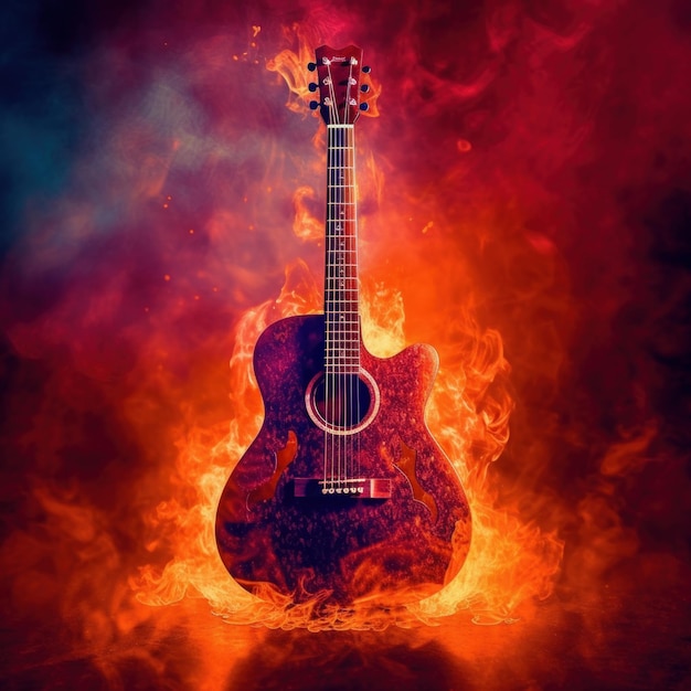 Op deze foto staat een gitaar in het vuur