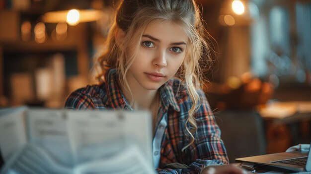 Op deze foto studeert een mooi stijlvol schoolmeisje thuis wiskunde terwijl je haar het liedje kunt horen zingen Sociale afstand tijdens quarantaine zelfisolatie en online onderwijs zijn de concepten die ze