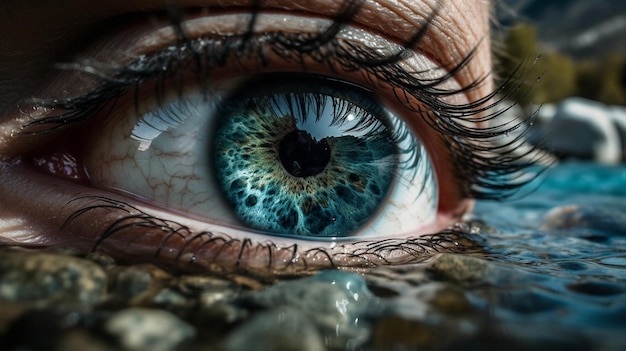 Op deze illustratie is een blauw oog met een wit oog en zwarte vlekken te zien.