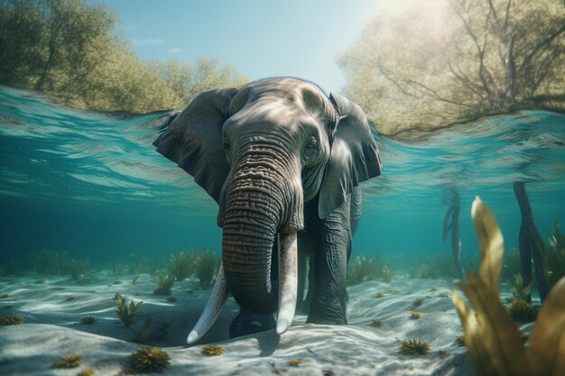 Op deze illustratie wordt een olifant onder water getoond.