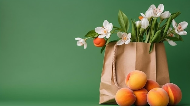 Op een achtergrond van groene rijpe abrikozen en leliebloesems wordt in een kraftpapierzak getoond het idee van afvalvrije inkoop