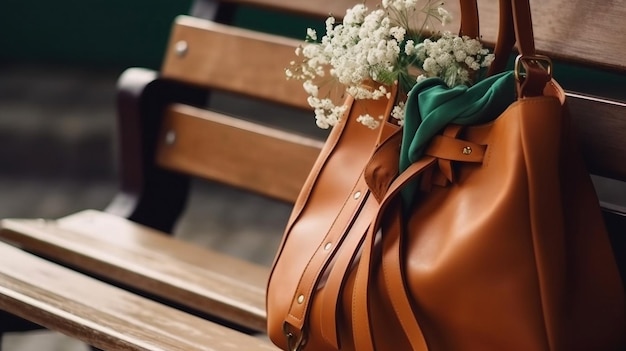 Op een bankje staat een bruine leren tas met witte bloemen.