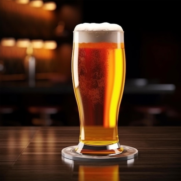 Op een bar staat een glas bier met een schuimkraag.