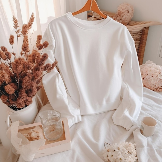 op een bed ligt een witte trui met een trui erop.