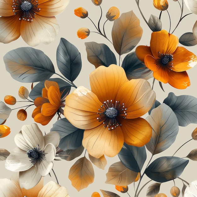 Op een beige achtergrond naadloos modern patroon met abstracte bloemen en bladeren