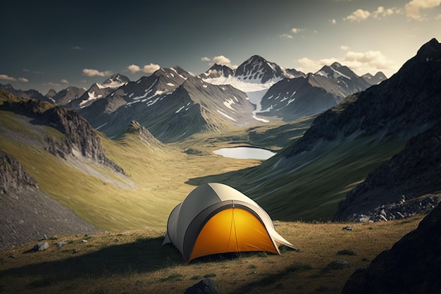 Op een bergtop is een tent opgezet met bergen op de achtergrond.