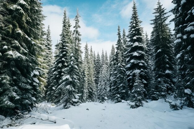 Op een besneeuwde helling groeien hoge, dichte oude sparrenbomen