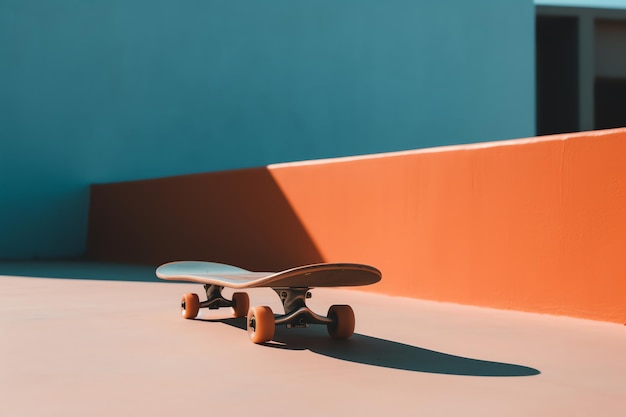 Op een betonnen vloer staat een skateboard met oranje wielen.