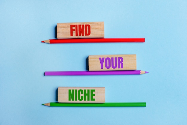 Foto op een blauwe achtergrond, drie kleurpotloden, drie houten blokken met de tekst find your niche