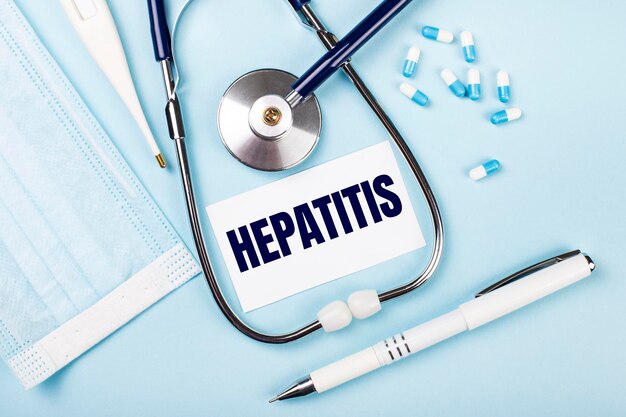 Foto op een blauwe achtergrond een stethoscoop, een medisch masker, een pen en een witte kaart met de tekst hepatitis view from above