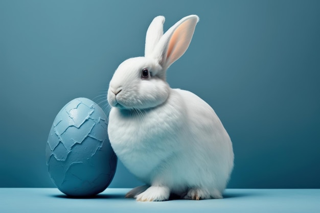 Op een blauwe achtergrond houdt een witte paashaas een vakantieconcept met beschilderde eieren voor Pasen