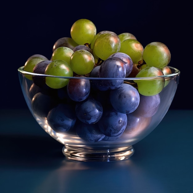 Op een blauwe tafel staat een schaal met druiven.