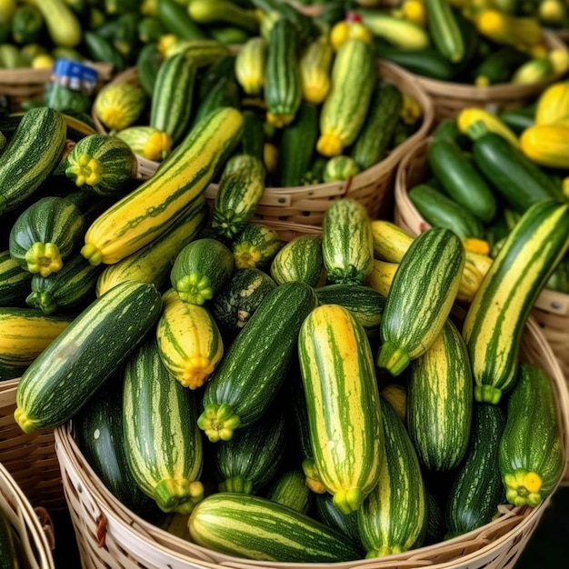 Op een boerenmarkt staat een mandje courgette te pronken.