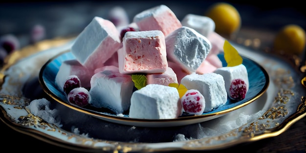 Op een bord staat een bord marshmallows.