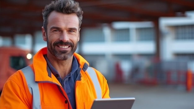 Op een bouwplaats houdt een charmante ingenieur een slimme tablet met generatieve AI vast