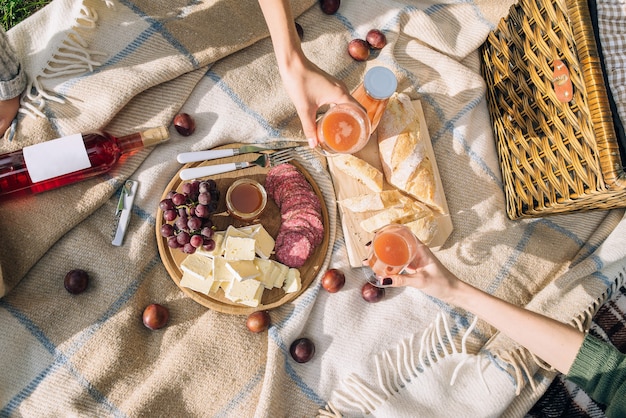 Op een bruine plaid staat een gezonde picknick op zomervakantie met vers gebakken brood, kaas en salami. Meisjes drinken multifruitsap in het park.