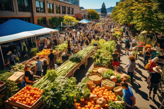 Op een bruisende boerenmarkt bruist het van de mensen die duurzame, zelfgekweekte schatten vieren