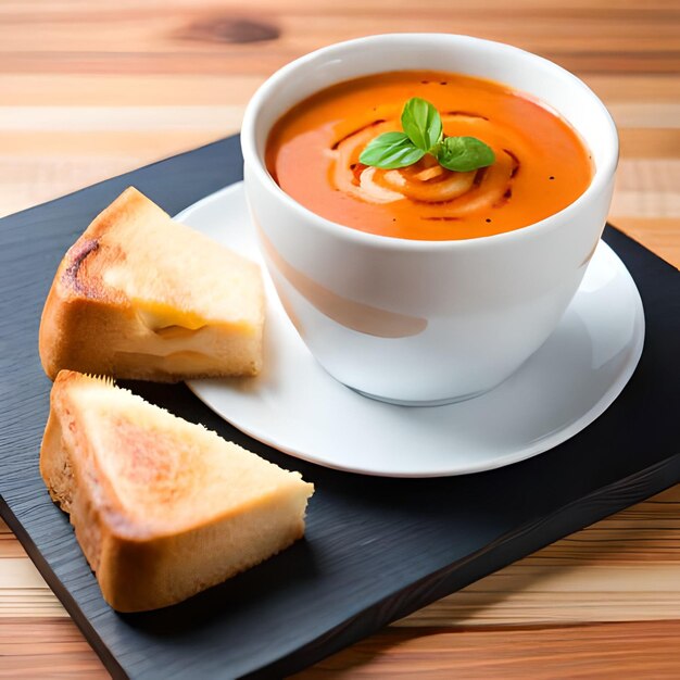 Op een dienblad staat een kom tomatensoep en twee sneetjes brood.