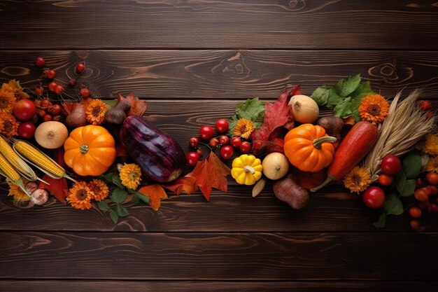 Foto op een donker houten oppervlak wordt een feestelijke herfstvertoning gecreëerd met pompoenen en kleurrijke bladeren die de gelegenheid van thanksgiving markeren