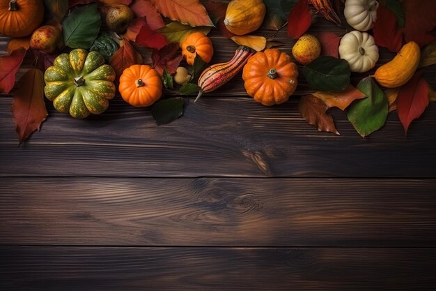 Foto op een donkere houten oppervlakte komt een feestelijke herfst tentoonstelling tot leven met pompoenen en een reeks levendige bladeren