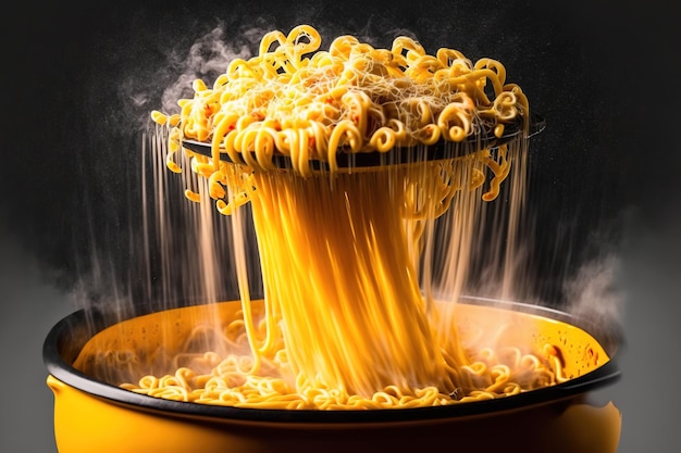 Op een elektrische keramische kookplaat wordt kokend water gebruikt om spaghetti in een pan te koken gele glutenvrije maïspasta kokend in bolognese bovenaanzicht soft focus pasta in stomend kokend water