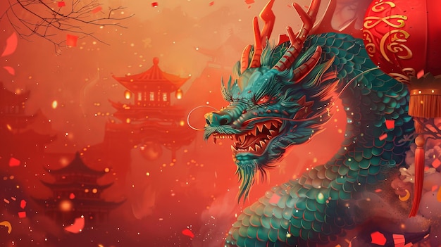 Op een feestelijke rode achtergrond verschijnt een majestueuze draak omringd door mist confetti lantaarns en traditionele gebouwen tekst leest De draak brengt welvaart