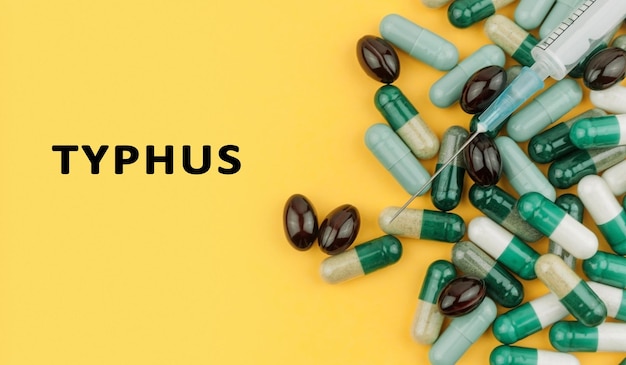 Foto op een gele achtergrond zijn tablettenpillen met het opschrift typhus medicine and health concept