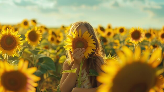 Op een glorieuze dag verbergt een mooi meisje haar gezicht met een gele zonnebloem op een achtergrond van zonneblomvelden en de ruimte.