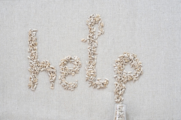 Op een grijze achtergrond zijn er zaden in de vorm van letters en het woord "help"