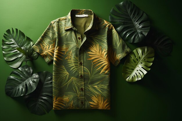 Op een groene achtergrond wordt een groen shirt met een print van palmbladeren uitgestald.