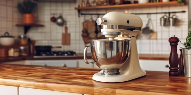 Foto op een houten aanrecht staat een keukenmixer met een houten blad