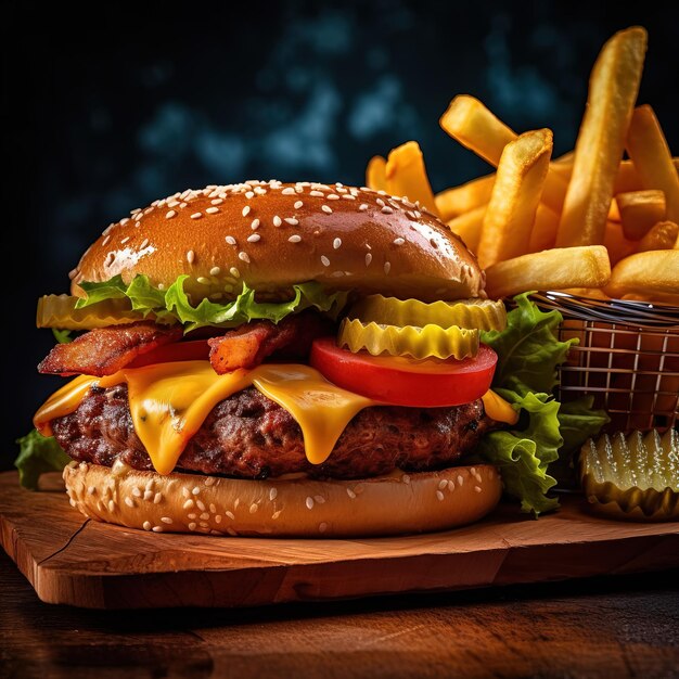 Op een houten bord staat een hamburger met kaas en tomaten erop