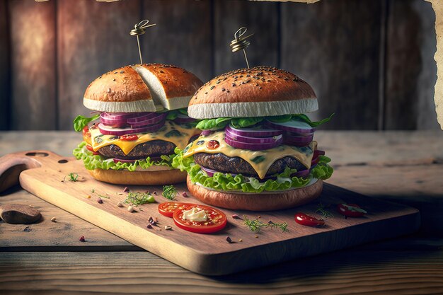 Op een houten bord vegetarische cheeseburgers