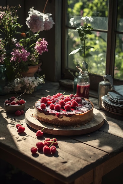 Op een houten buitentafel is het lente en het licht focust op een Raspberry Cheesecake