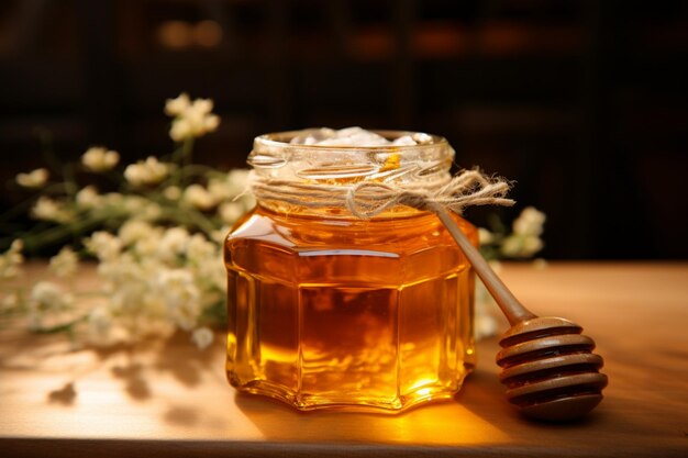 Op een houten tafel staat een glazen pot boordevol zoete, gouden honing uit de natuur